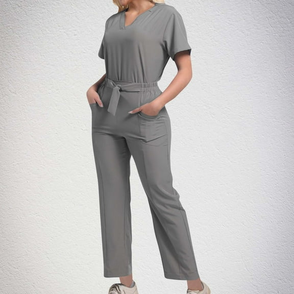 Mqqzkk Two Pieces Outfits for Women Set V-Neck Top & Drawstring Straight Leg Pants With Pocket Stretch Nursing Scrub Set Uniform