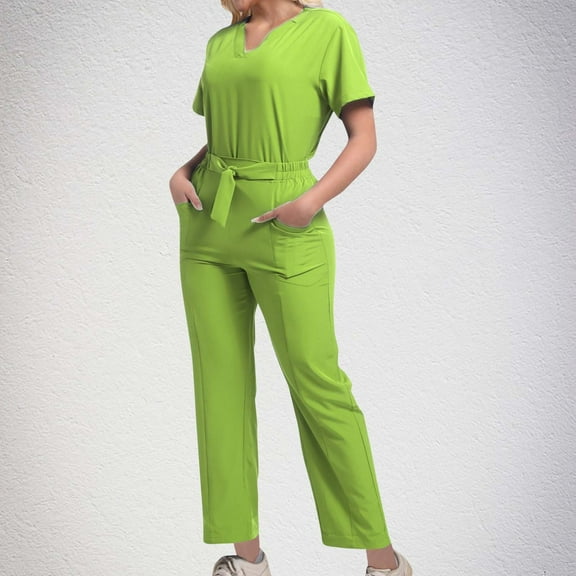Mqqzkk Two Pieces Outfits for Women Set V-Neck Top & Drawstring Straight Leg Pants With Pocket Stretch Nursing Scrub Set Uniform