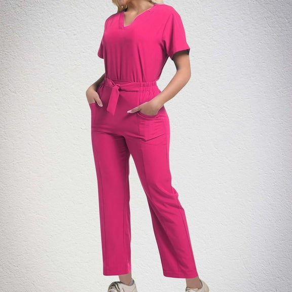 Mqqzkk Two Pieces Outfits for Women Set V-Neck Top & Drawstring Straight Leg Pants With Pocket Stretch Nursing Scrub Set Uniform