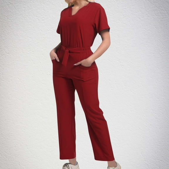 Mqqzkk Two Pieces Outfits for Women Set V-Neck Top & Drawstring Straight Leg Pants With Pocket Stretch Nursing Scrub Set Uniform