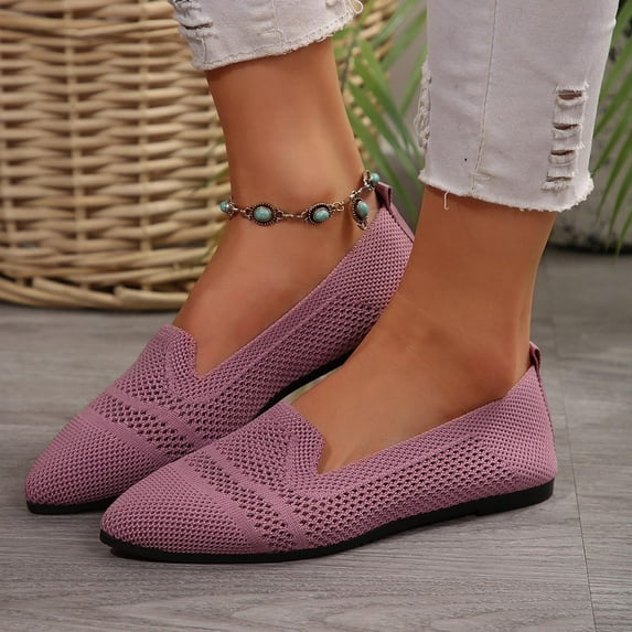 Mqqzkk Women Casual Flat Shoes Mesh Knit Dress Shoes Round Toe Slip On Ballerina Walking Flats Shoes Low Wedge Comfy Soft Shoes