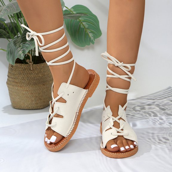 Mqqzkk Women Flat Sandals Summer Comfortable Casual Beach Slipper Ankle Strap Strappy Walking Sandals Lace Up Drawstring Shoes