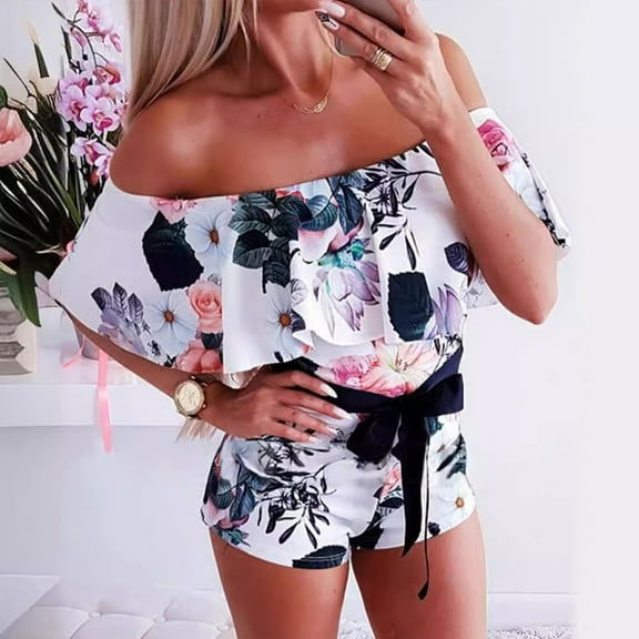 Mqqzkk Women Off Shoulder Romper Front Tie Floral Printed Strapless High-Waist Jumpsuit Fashion Short Jumpsuit With Pockets White L