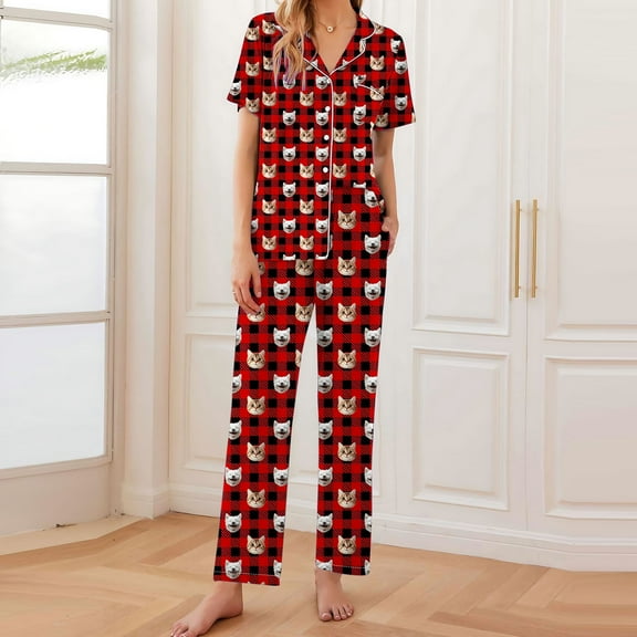 Mqqzkk Women Pajama Sets Two-Piece Nightwear Short Sleeve Sleepwear Button Pjs Elastic Waist Long Pants Matching Sets S