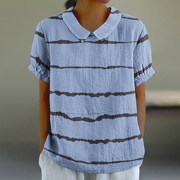 Mqqzkk Women Strip Shirts Summer Vacation Shirt 2025 Short Sleeve Crew Neck Pullover Plus Size Fashion Daily Streetwear
