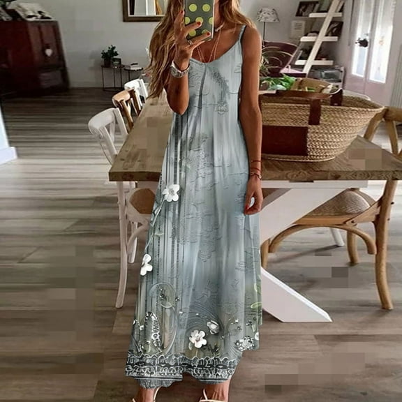 Mqqzkk Women Summer Maxi Dress 2025 Spaghetti Strap Crew Neck Sundress Casual Flowy Boho Dress Floral Printed Beach Dress