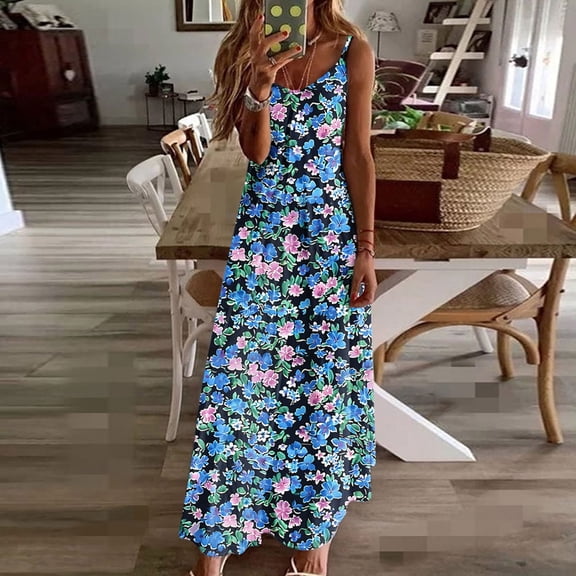 Mqqzkk Women Summer Midi Dress Hawaiian Bohemian Beach Cover Up Dress Floral Printed Spaghetti Strap Casual Dress
