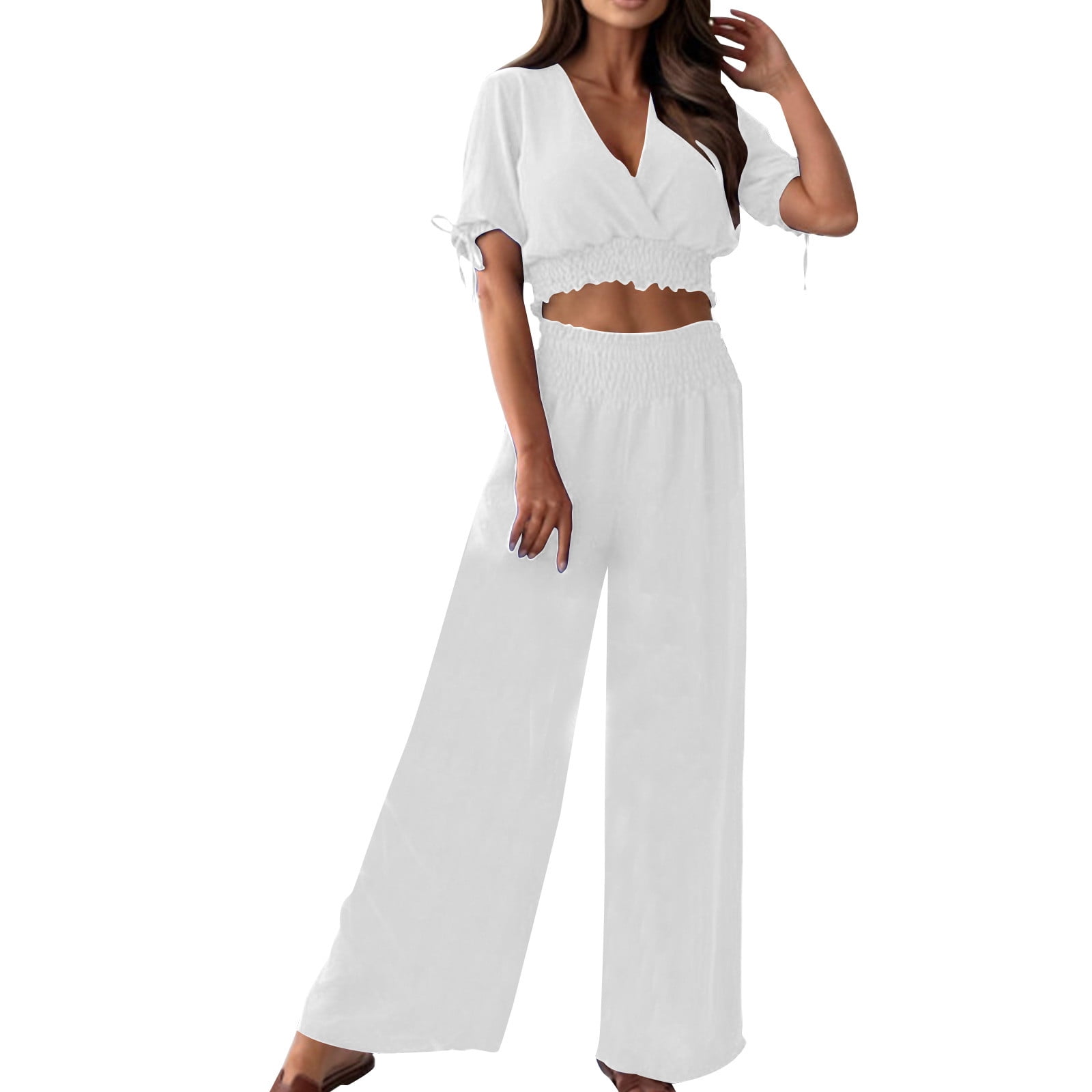 Elegant V Neck Wide Leg Set