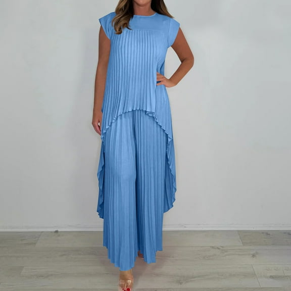 Mqqzkk Women's 2 Piece Outfits Suit Set Round Neck Short Sleeve Pleated Top & Wide Leg Ruffled Pants Office Business Work Wear