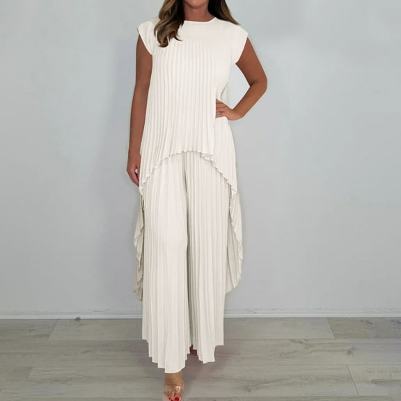 Mqqzkk Women's 2 Piece Outfits Suit Set Round Neck Short Sleeve Pleated Top & Wide Leg Ruffled Pants Office Business Work Wear