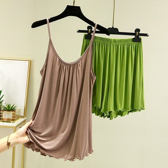 Mqqzkk Women's 2 Piece Pajama Outfits Sleeveless Ruffle Tank Top Baggy Shorts Set Loungewear Pjs Suits Sleepwear L