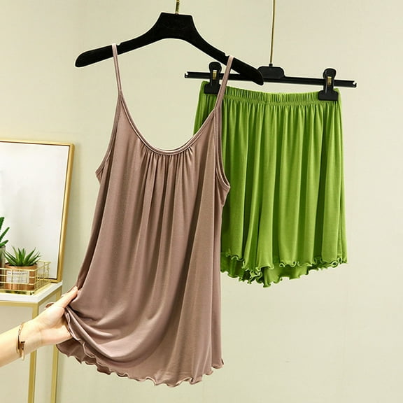 Mqqzkk Women's 2 Piece Pajama Outfits Sleeveless Ruffle Tank Top Baggy Shorts Set Loungewear Pjs Suits Sleepwear L