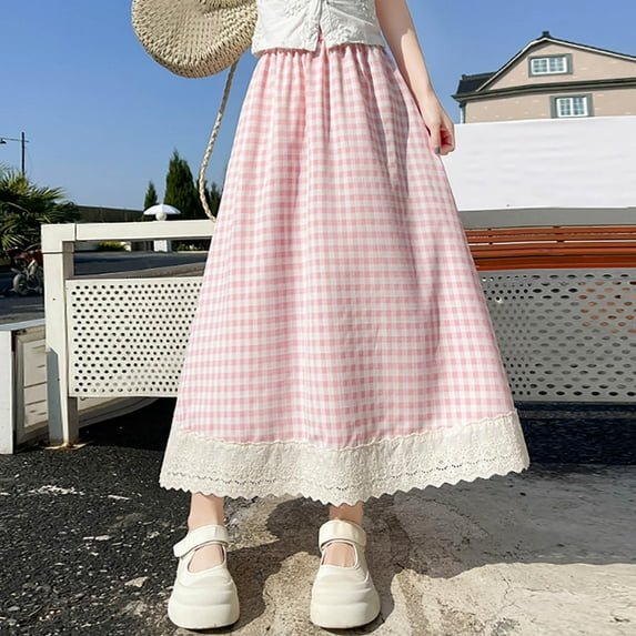 Aueoeo Women's Checkered Long Skirts Flowy High Waist A Line Maxi Skirts Summer Hem Lace Skirts