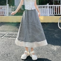Aueoeo Women's Checkered Long Skirts Flowy High Waist A Line Maxi Skirts Summer Hem Lace Skirts
