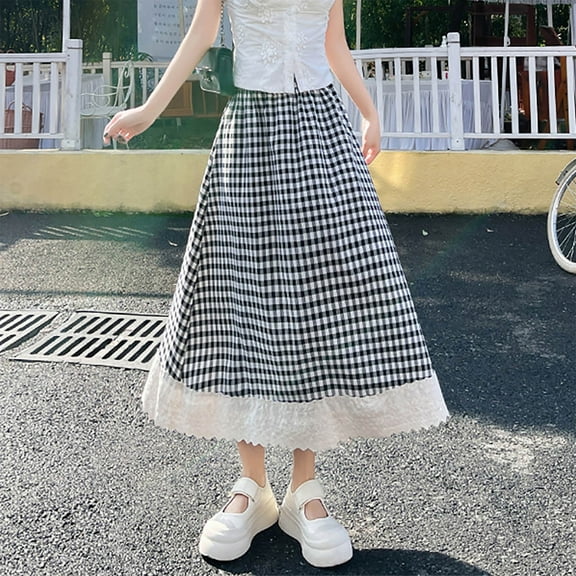 Aueoeo Women's Checkered Long Skirts Flowy High Waist A Line Maxi Skirts Summer Hem Lace Skirts