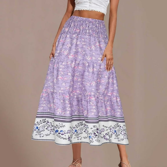 Mqqzkk Women's 2025 Long Skirts Flowy High Waist A Line Maxi Skirts for Ladies Summer Pleated Flower Printed Skirts