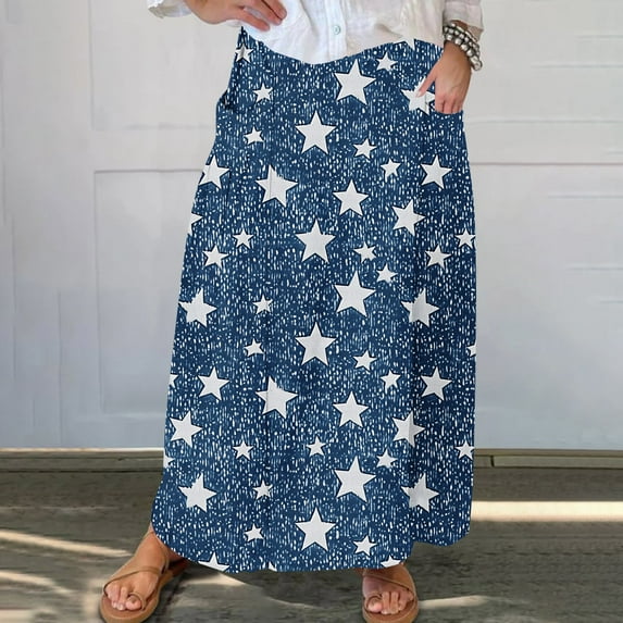 Mqqzkk Women’s A-Line Midi Skirts Casual Geometric Printing Elastic High Waist Flowy Pleated Beach Boho Long Skirt with Pocket