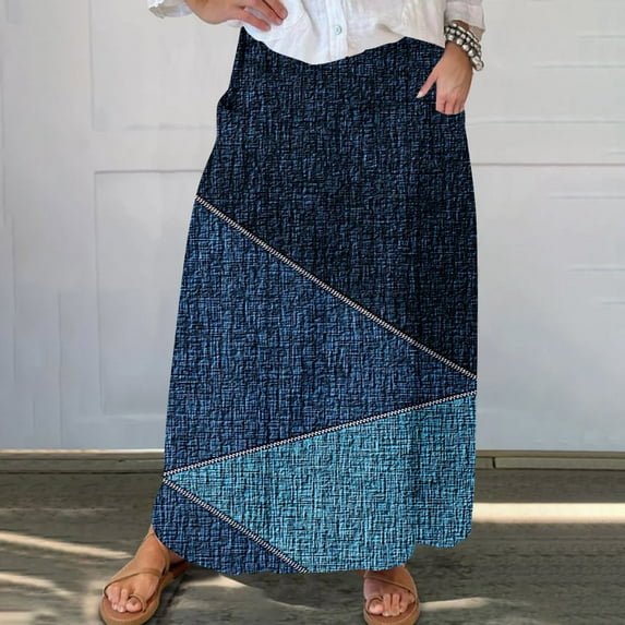 Mqqzkk Women’s A-Line Midi Skirts Casual Geometric Printing Elastic High Waist Flowy Pleated Beach Boho Long Skirt with Pocket