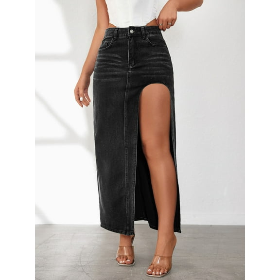 Mqqzkk Women's Button Up Skirt High Waist Denim Skirt Split Jean Skirt Casual Going Out Date Maxi Skirt with Pockets