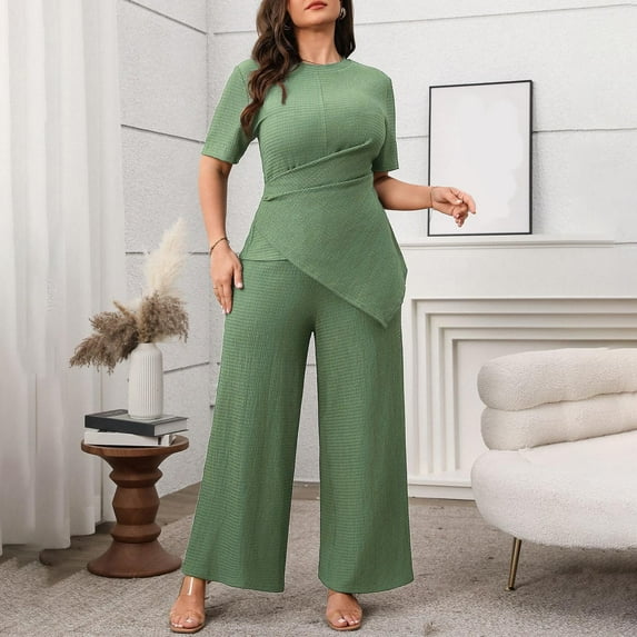 Mqqzkk Women's Casual 2 Piece Outfits Short Sleeve Tunic Pullover Tops and Wide Leg Pants Lounge Sets Streetwear