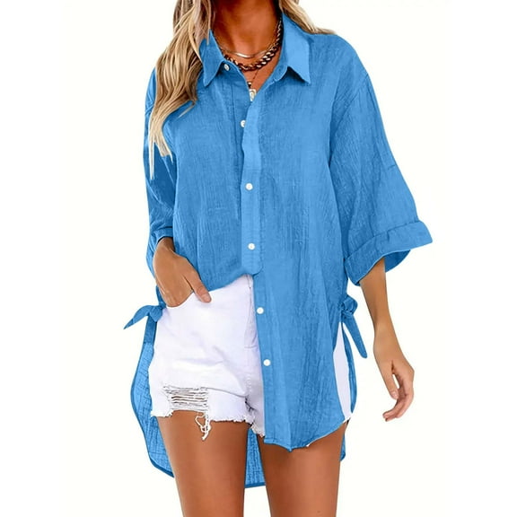Mqqzkk Women's Casual T-Shirt Long Sleeve Button Up Lightweight Shirt Hem Uneven front and back Blouse Fashion Top