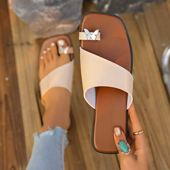 Mqqzkk Women's Clip Toes Flat Shoes Beach Sandals 2025 Vacation Comfortable Open Toe Flip Fop Sandals Summer Slides Shoes