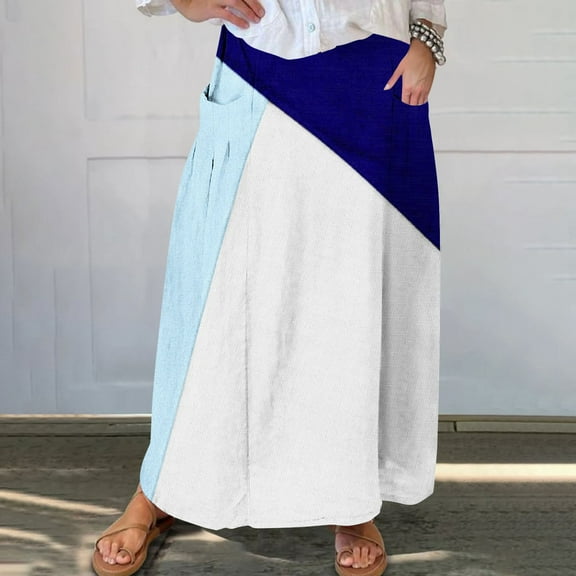 Mqqzkk Women's Color Block Midi Skirt High Elastic Waist Pleated Skirt Loose Fits Casual Flowy Long Skirts With Side Pockets
