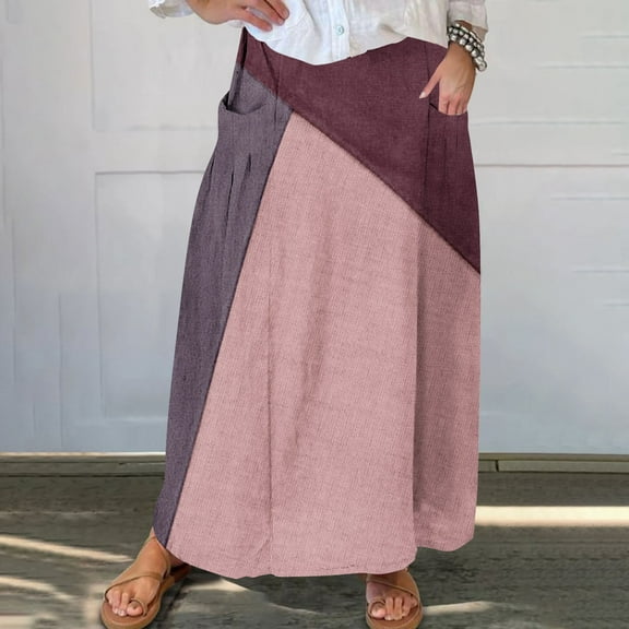 Mqqzkk Women's Color Block Midi Skirt High Elastic Waist Pleated Skirt Loose Fits Casual Flowy Long Skirts With Side Pockets