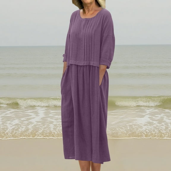 Mqqzkk Women's Crew Neck Dresses Long Sleeve Solid Color Dress Casual Lantern Pleated Tunic Long Dress