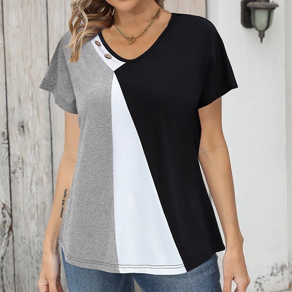 Mqqzkk Women's Crew Neck T Shirts Casual Rolled Short Sleeve Summer Top Plus Size Loose Fits Color Block Printed Shirts