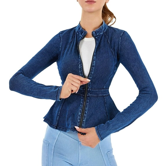 Mqqzkk Women's Denim Shirt Full Zipper Long Jean Jacket Spring Lightweight Tight Tunic Coat Stretch Denim Casual Dressy Tops
