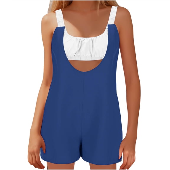 Mqqzkk Women's Fashion Jumpsuits Short With Chest Pads Hollow Out Loose Sleeveless Overalls Wide Leg Jumpsuit Overalls Blue XXL
