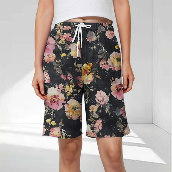 Mqqzkk Women's Fashion Shorts Flower Printed Casual Home Shorts With Elastic Waistband Drawstring And Side Pockets For Casual Wear