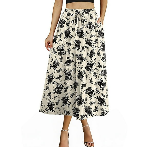 Mqqzkk Women's Floral Skirts A-line Long Tiered Ruffle Boho Midi Skirt Fashion Pleated Skirts High Waisted Fashion Skirt