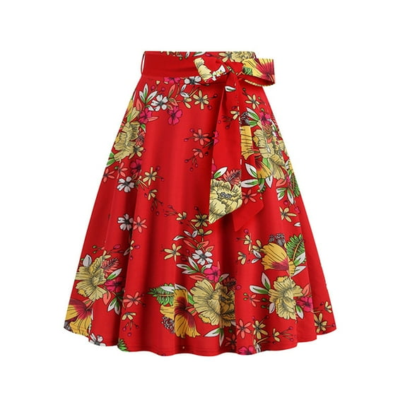 Mqqzkk Women's High Waist A-Line Skirts Front Tie Lace Up Skirt Flower Printed Flared Midi Skirt Vinage Pleated Skirt