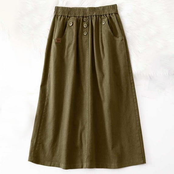 Mqqzkk Women's High Waist Midi Skirt Vintage A-Line Pleated Skirts High Elastic Waist Button Skirts with Pockets