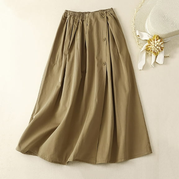 Mqqzkk Women's High Waisted Button Front Skirt A-Line Pleated Midi Long Skirt Elastic Waist Stretchy Skirt with Pockets
