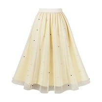 Mqqzkk Women's Long Skirt Elastic High Waist Mesh A-Line Skirt Layer Elegant Midi Long Ruffle Skirts With Artificial Pearl Decoration