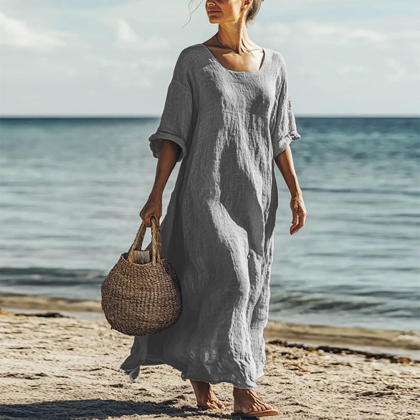 Urbann-Vibe Women's Maxi Dress Relaxed Fit Lightweight Breathable Everyday Versatile Crew Neck Details main image 0