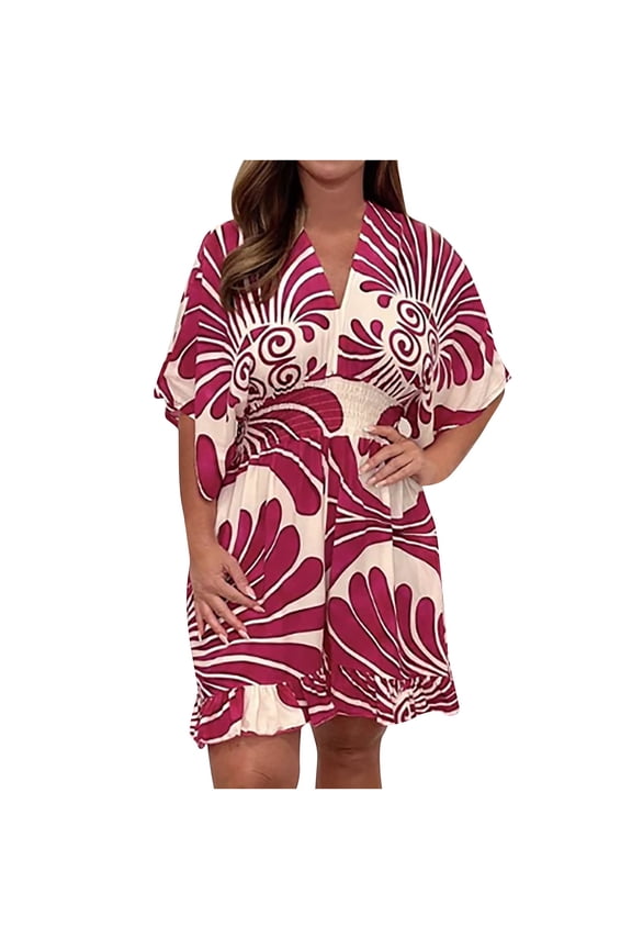 Women's Oversized Rompers Short Sleeve Ptinted Summer Romper V Neck Ruffle Tunic Waist Short Casual Rompers Jumpsuits