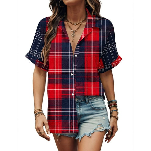 Mqqzkk Women's Plaid Shirt Short Sleeve V Neck Collared Button Up Shirt Casual Summer Blouses Top Daily Work Streetwear