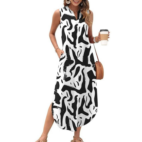 Mqqzkk Women's Printed Dress Summer Hem Split Maxi Dress 2025 Sleeveless Casual Loose Long Beach Sundress Travel Vacation Outfits