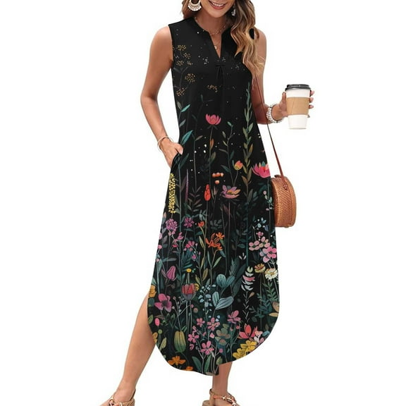 Mqqzkk Women's Printed Dress Summer Hem Split Maxi Dress 2025 Sleeveless Casual Loose Long Beach Sundress Travel Vacation Outfits