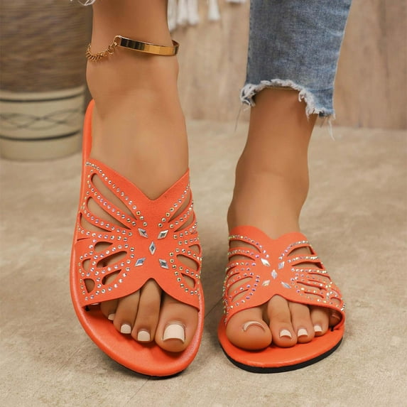 Mqqzkk Women's Rhinestone Sandals Slide Glitter Bling Flat Slippers Casual Summer Open Toe Slides Sandals Flat