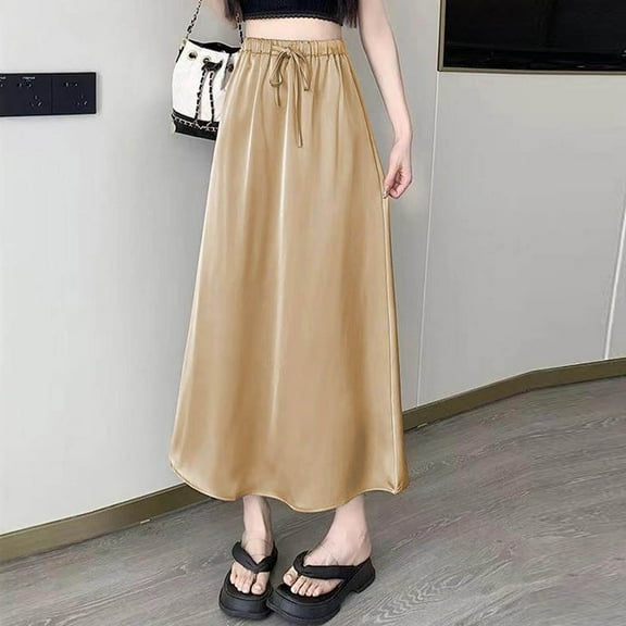 Mqqzkk Women's Satin Skirts High Waisted A Line Maxi Skirt Elegant Solid Elastic Waist Drawstring Flowy Party Long Skirts