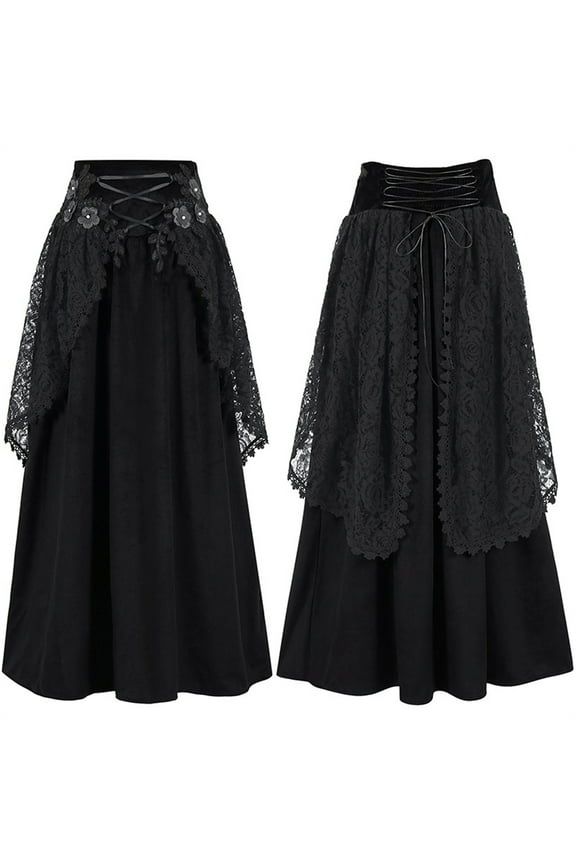 Women's Skirt Steampunk Vintage Style Skirt Back Drawstring Lace Up Long Skirts Cover Up Floral Lace A Line Skirts