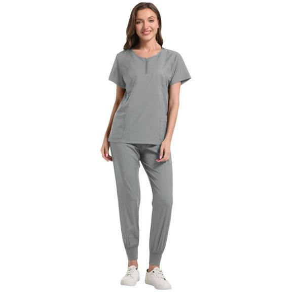 Mqqzkk Women's Stretch V-Neck Top and Cargo Long Pant Scrub Set Two Pieces Outfits for Worker