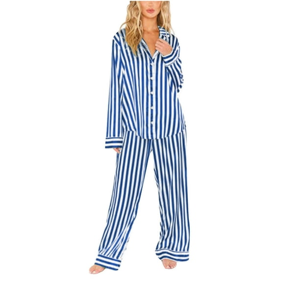 Mqqzkk Women's Strip Print Pajama Set 2 Piece Long Sleeve Laple Collar Outfits Button Up Shirt Pjs Set Sleepwear L