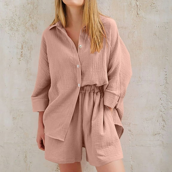 Mqqzkk Women's Summer 2 Piece Sets Long Sleeve Button Up Shirts Elastic Waist Matching Short Sets Beach Vacation Cruise Outfits