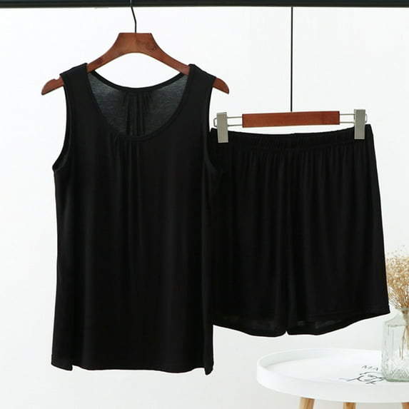 Mqqzkk Women's Summer Pajamas 2 Piece Shorts Set Sleeveless Tank Top and Shorts Soft Loungewear Casual Sleepwear 2X-L